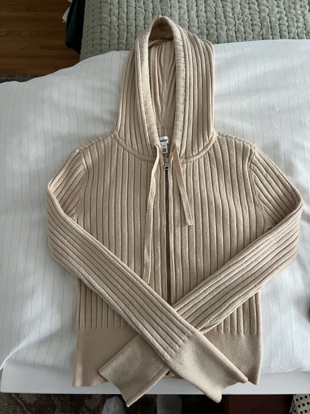 aerie Ribbed Zip Hoodie Sweater in Light Beige
